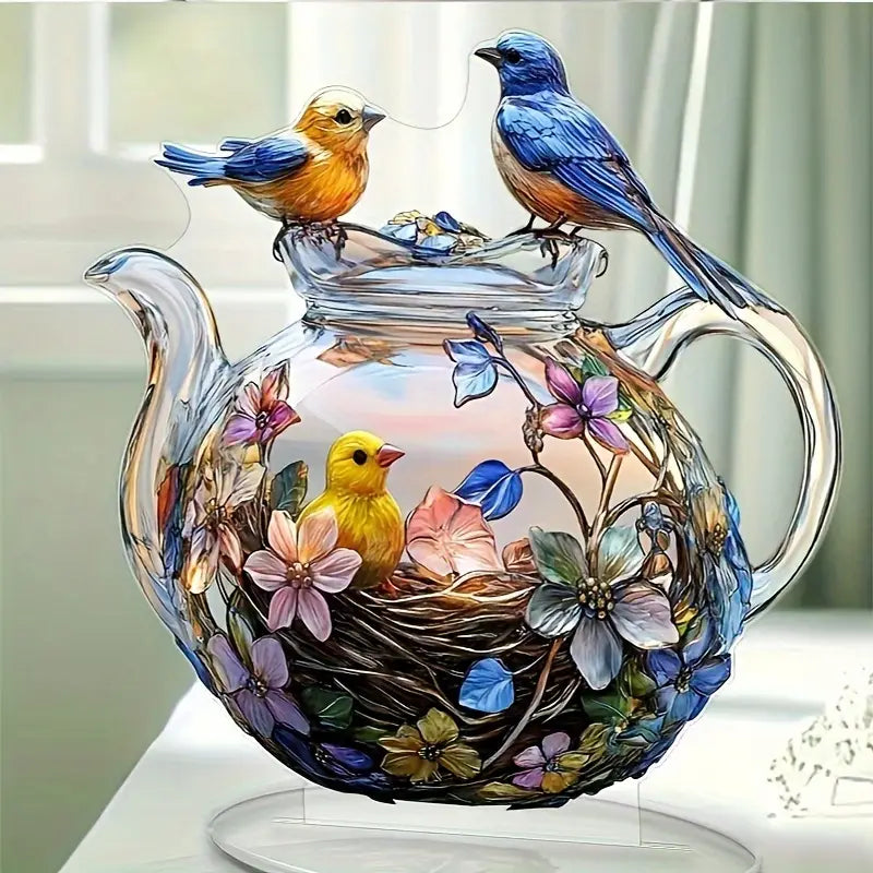 1pc Acrylic Bird and Teapot Tabletop Plaque Decor, Colorful Stained Glass Style