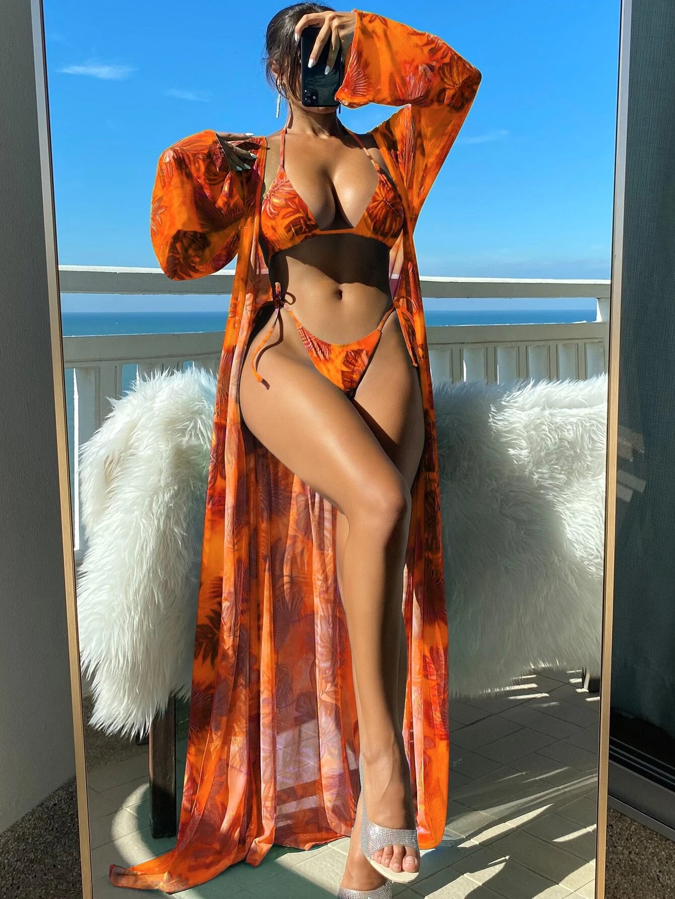 Tropical Print Bikini Set Halter Triangle Bra & Tie Side Bottom & Long Sleeve Kimono 3 Piece Swimsuit