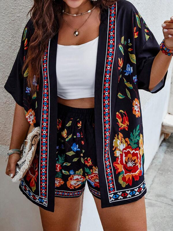 VCAY Plus Floral Print Kimono & Shorts