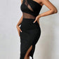 Privé One Shoulder Mesh Insert Split Thigh Dress