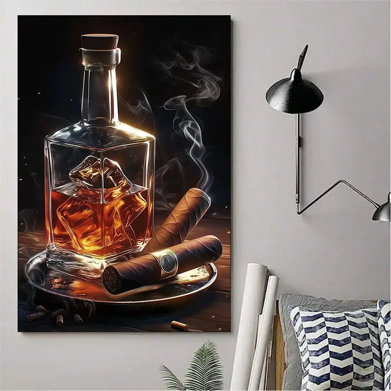 Whiskey & Cigar Canvas Art Print - Relaxing Time Frameless Wall Hanging Poster