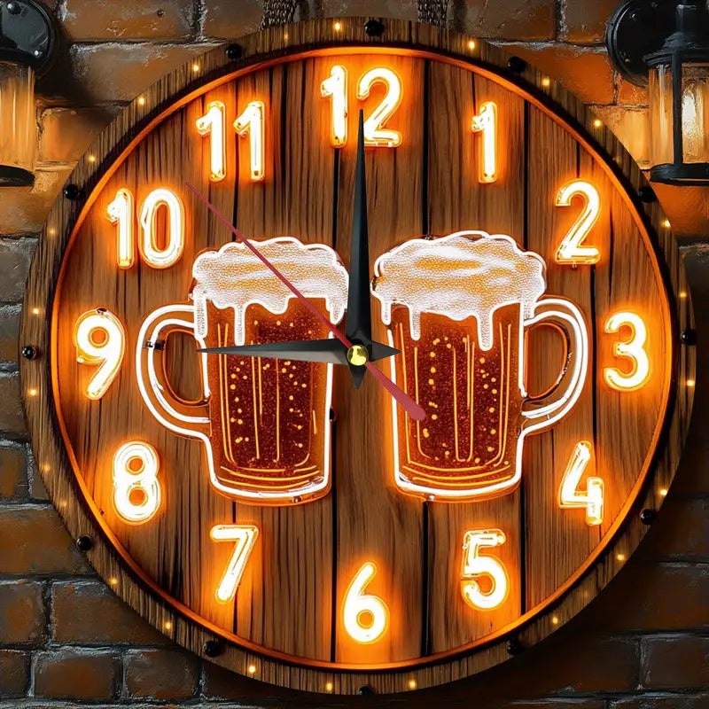 1pc 2D Vintage Beer Theme Wooden Round Wall Clock [Uncharged]