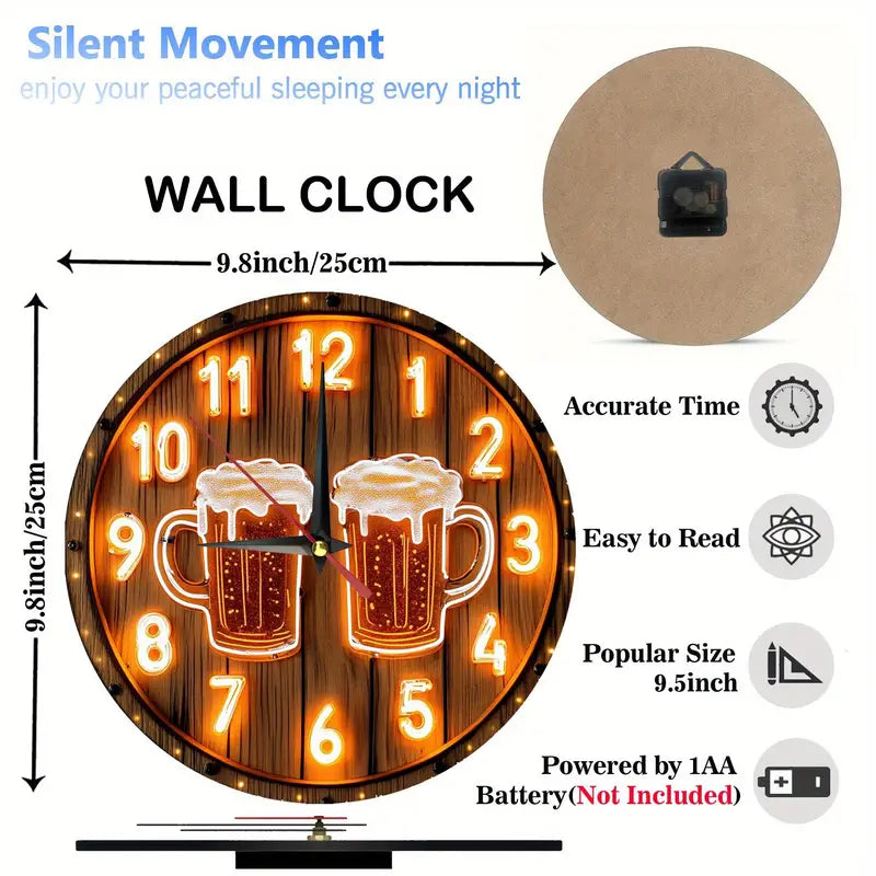 1pc 2D Vintage Beer Theme Wooden Round Wall Clock [Uncharged]