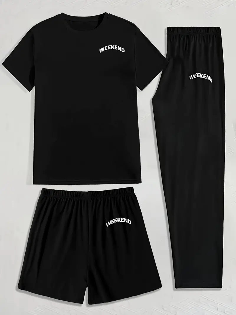 3pcs Men's Pajama Set - Crew Neck Short Sleeve T-Shirt and Shorts Long Pants Combo