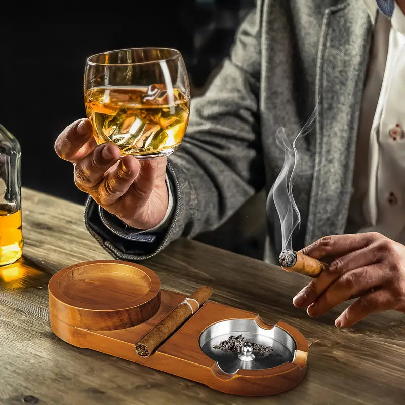 Vintage Wooden Cigar Ashtray with Whiskey Glass Tray - Detachable