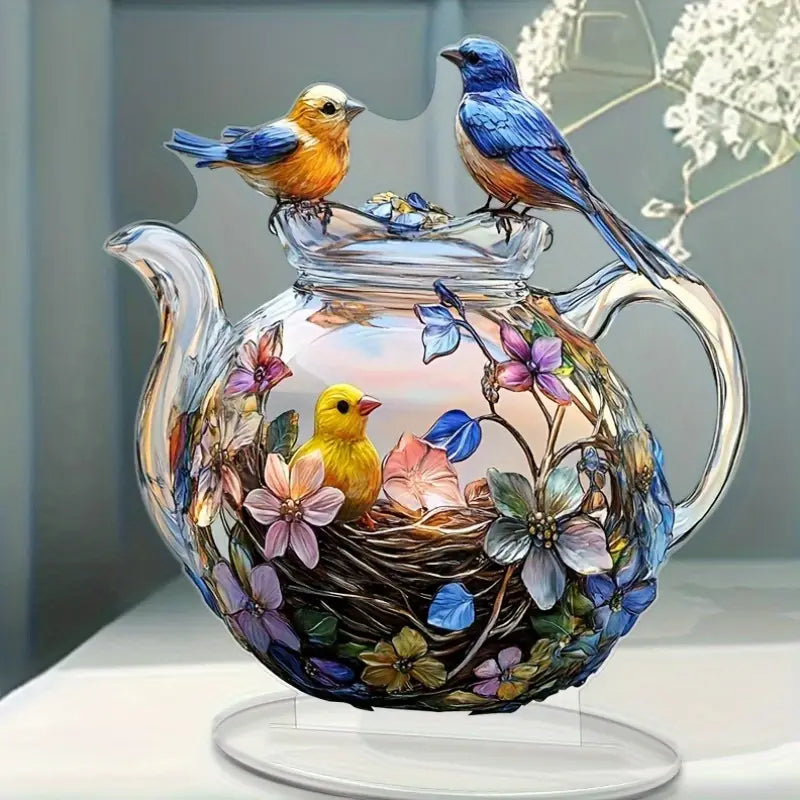 1pc Acrylic Bird and Teapot Tabletop Plaque Decor, Colorful Stained Glass Style