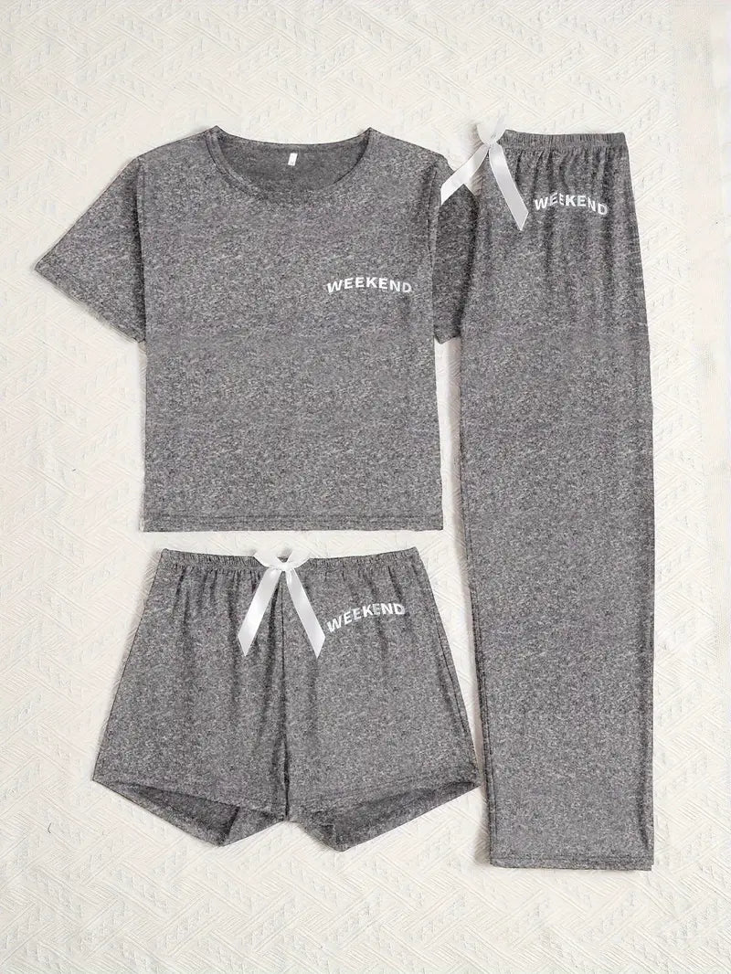 Casual 3pcs Pajama Set, Cozy Short Sleeve Round Neck Top & Pants & Shorts