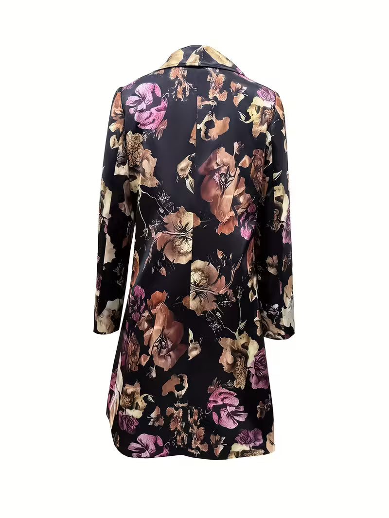 Elegant Floral Print Long Sleeve Blazer for Women - Black with Golden Accents