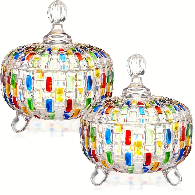 Elegant Stained Glass Candy Jar with Lid - Colorful Faceted Design