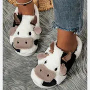 Cow Slippers for Women Plush Animal Slippers Winter Warm Soft Slippers Soft Thick Sole Fur Shoes Home Sliders for Indoor Outdoor