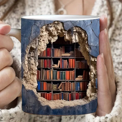 Book Lover's Delight: Book Lover's Delight: 11oz Ceramic Coffee Mug with Library Bookshelf Design