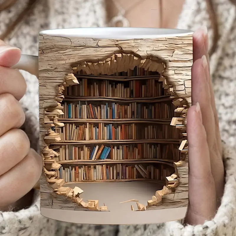 Book Lover's Delight: Book Lover's Delight: 11oz Ceramic Coffee Mug with Library Bookshelf Design