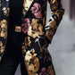 Elegant Floral Print Long Sleeve Blazer for Women - Black with Golden Accents