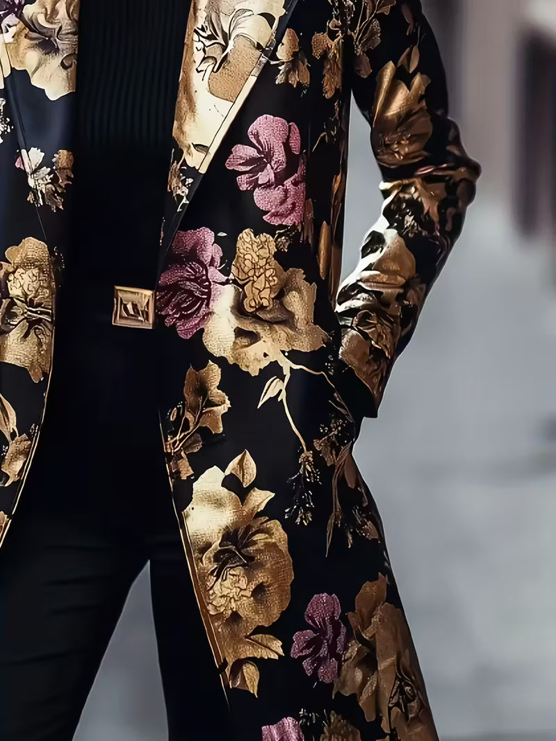 Elegant Floral Print Long Sleeve Blazer for Women - Black with Golden Accents