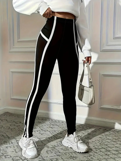 High-Waisted Women's Black & White Striped Athletic Leggings