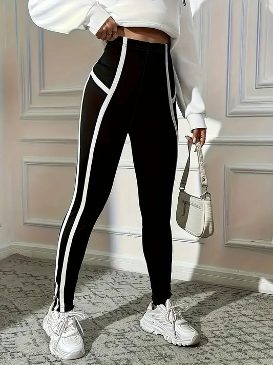 High-Waisted Women's Black & White Striped Athletic Leggings