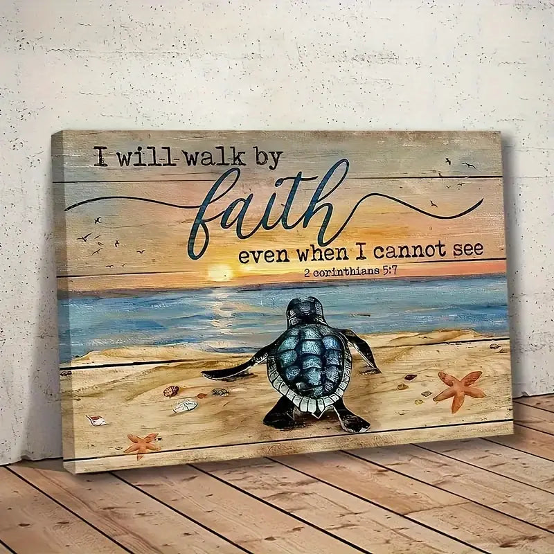 Wood With Frame Landscape Canvas Painting, Sea Turtle Painting, Sand Beach Poster, Gift For Christian, I Will Walk By Faith