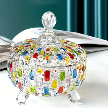 Elegant Stained Glass Candy Jar with Lid - Colorful Faceted Design