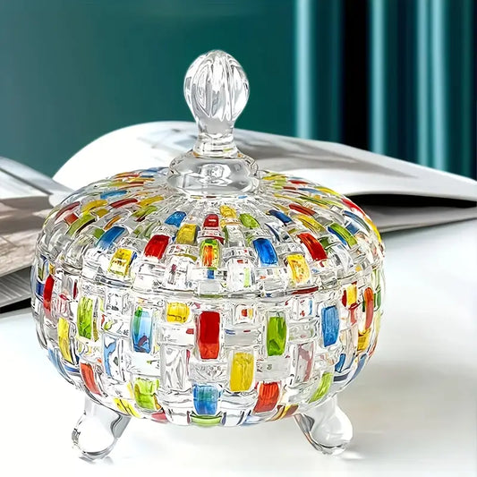 Elegant Stained Glass Candy Jar with Lid - Colorful Faceted Design