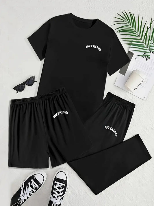 3pcs Men's Pajama Set - Crew Neck Short Sleeve T-Shirt and Shorts Long Pants Combo