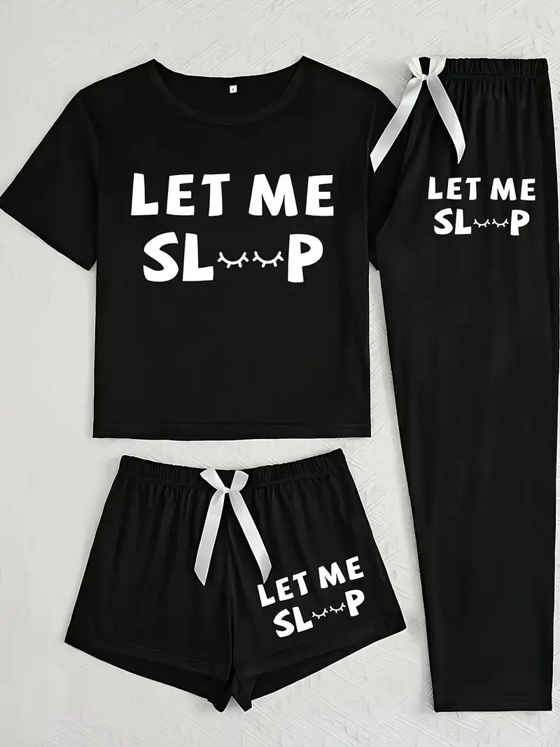 Casual 3pcs Pajama Set, Cozy Short Sleeve Round Neck Top & Pants & Shorts