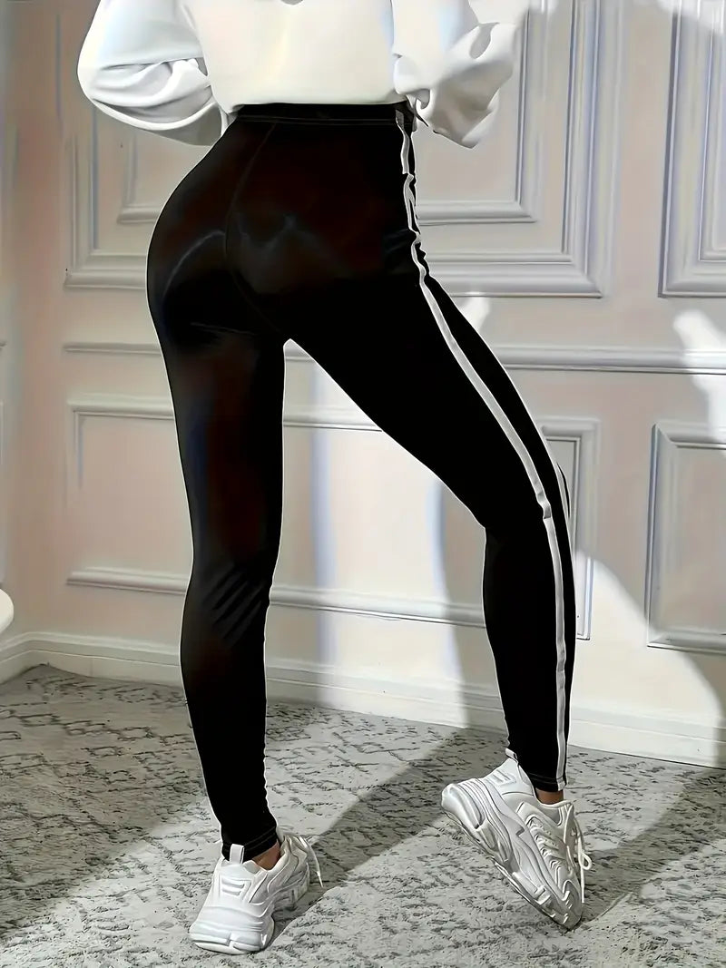 High-Waisted Women's Black & White Striped Athletic Leggings
