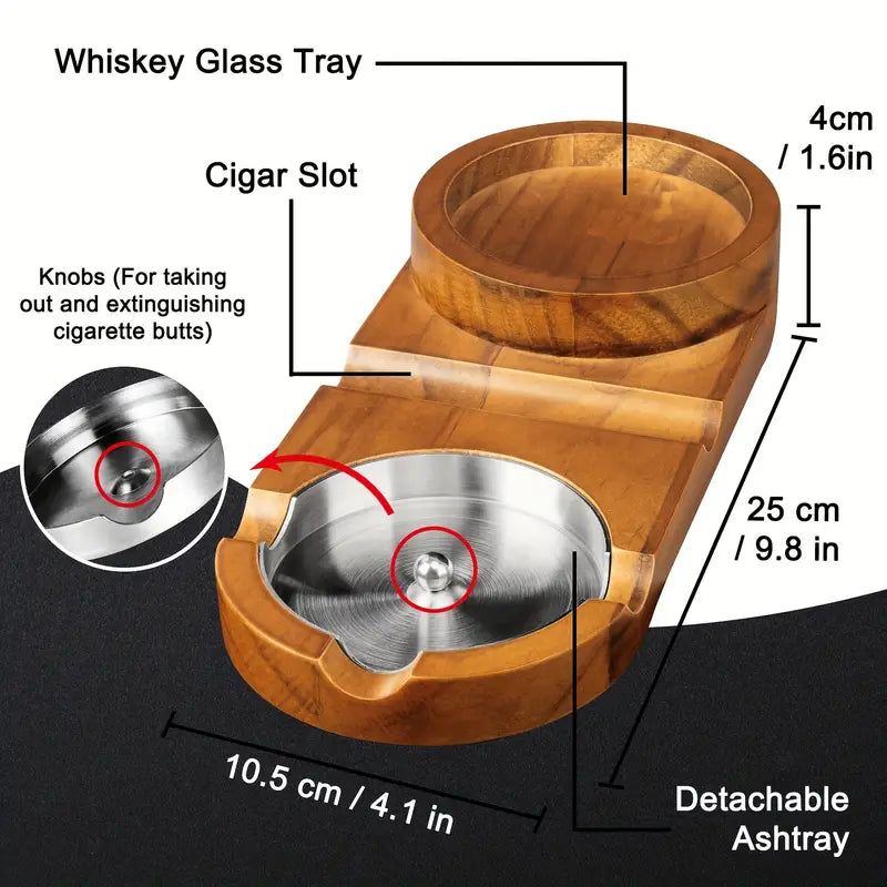 Vintage Wooden Cigar Ashtray with Whiskey Glass Tray - Detachable