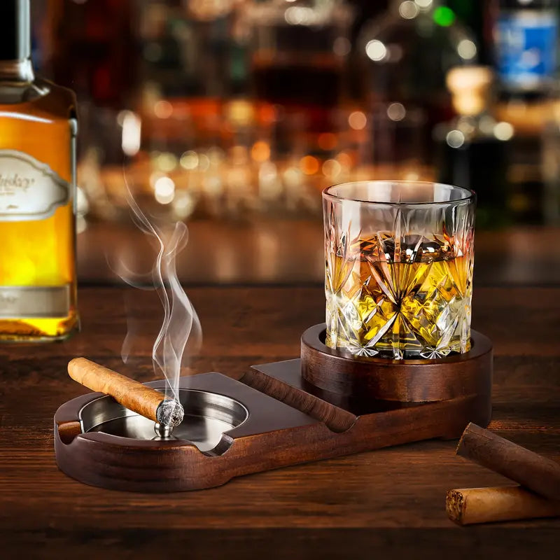 Vintage Wooden Cigar Ashtray with Whiskey Glass Tray - Detachable