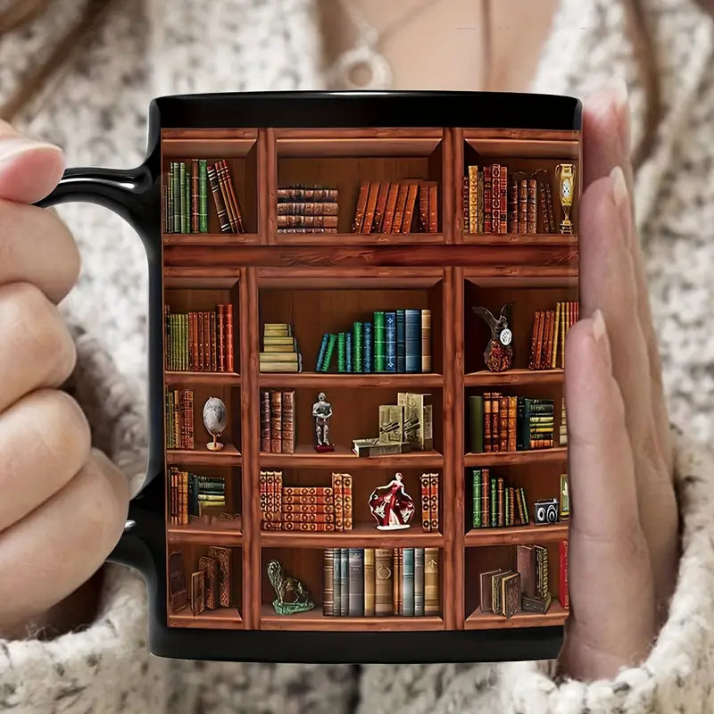 Book Lover's Delight: Book Lover's Delight: 11oz Ceramic Coffee Mug with Library Bookshelf Design