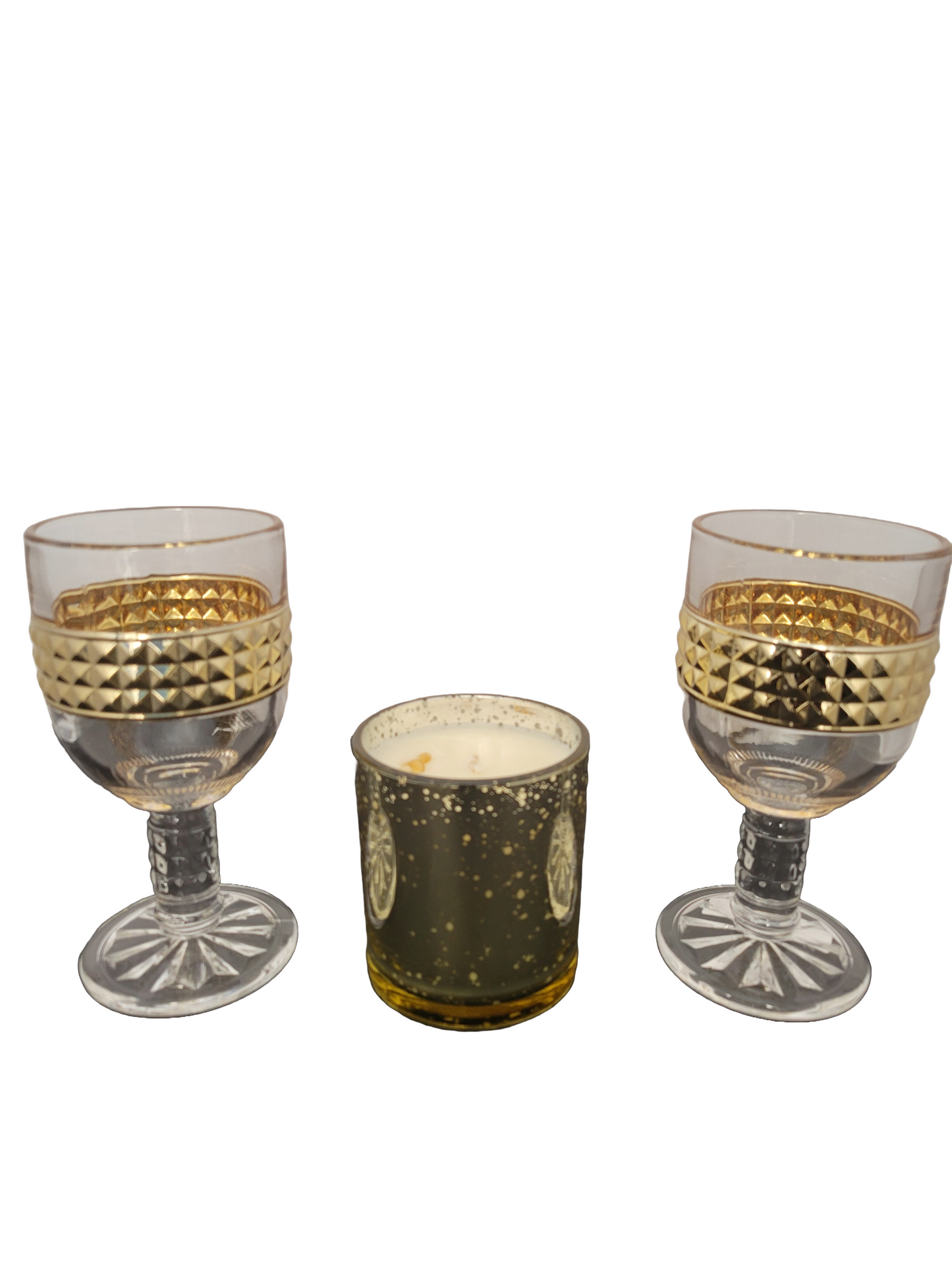 Golden Sparkle Candle with Gemstone  and Gold Trim Glassware