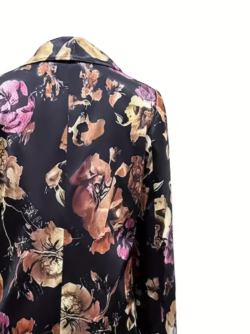 Elegant Floral Print Long Sleeve Blazer for Women - Black with Golden Accents