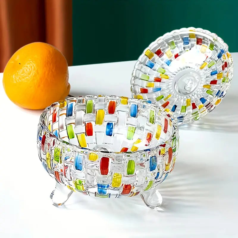 Elegant Stained Glass Candy Jar with Lid - Colorful Faceted Design