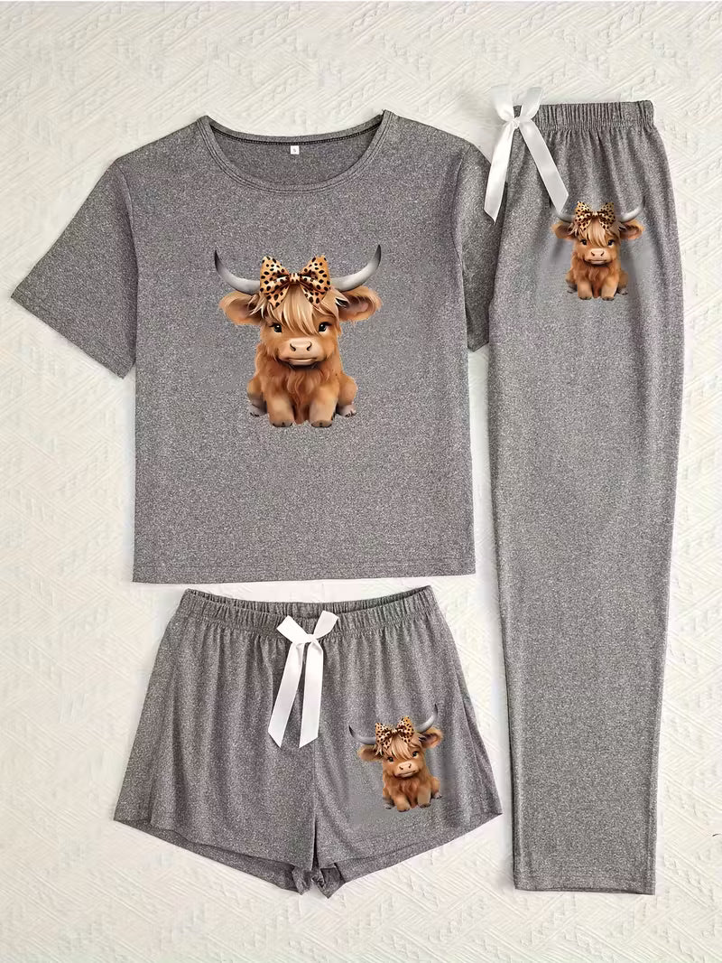 Casual 3pcs Pajama Set, Cozy Short Sleeve Round Neck Top & Pants & Shorts