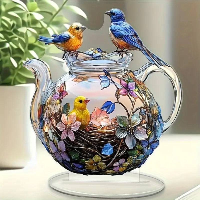 1pc Acrylic Bird and Teapot Tabletop Plaque Decor, Colorful Stained Glass Style