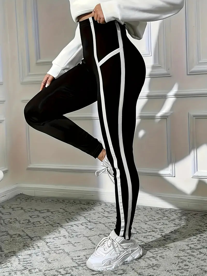 High-Waisted Women's Black & White Striped Athletic Leggings