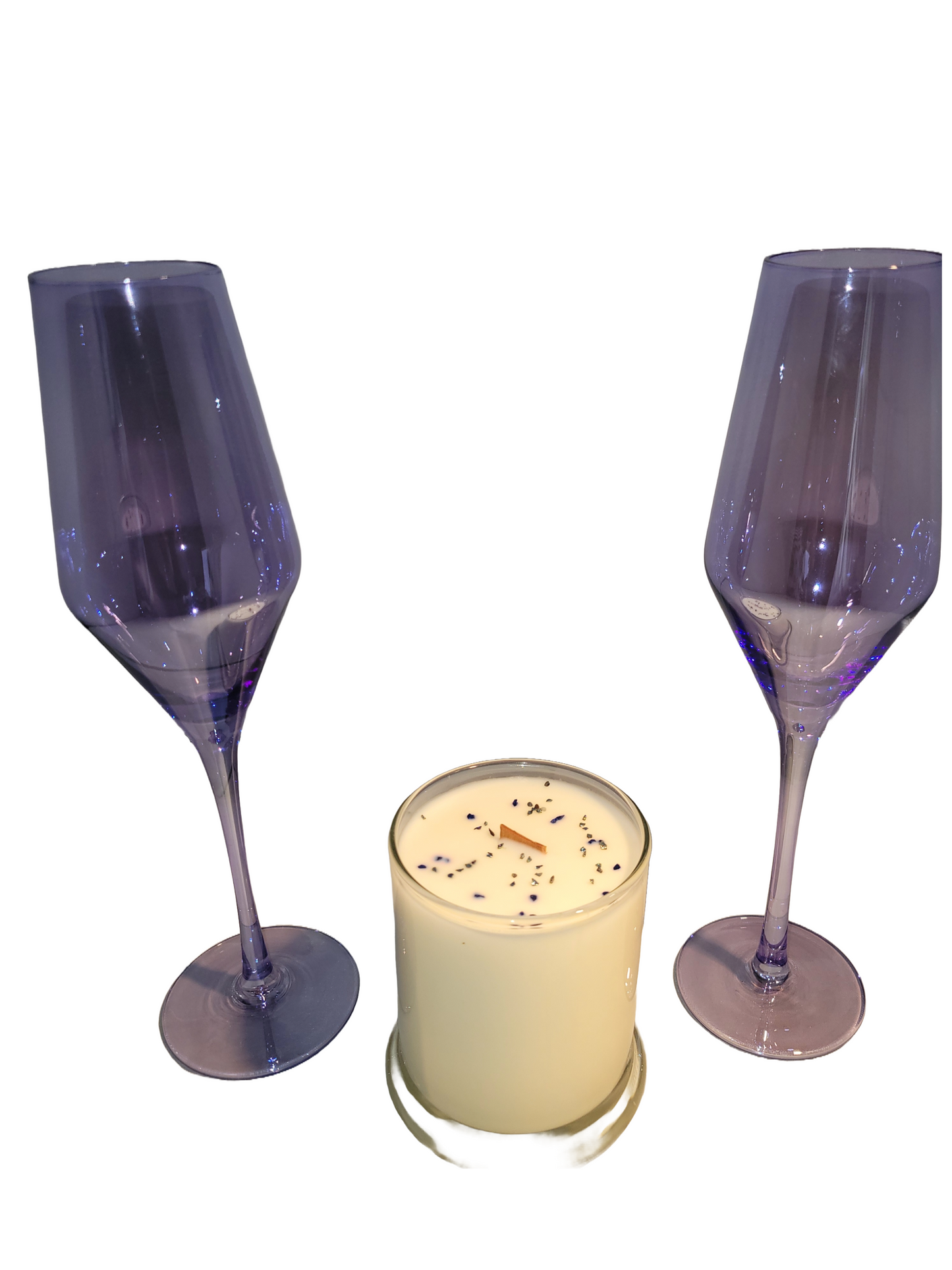 Sleek Blue Wine/Champagne Glassware with Soy Candle and Crystals