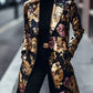 Elegant Floral Print Long Sleeve Blazer for Women - Black with Golden Accents