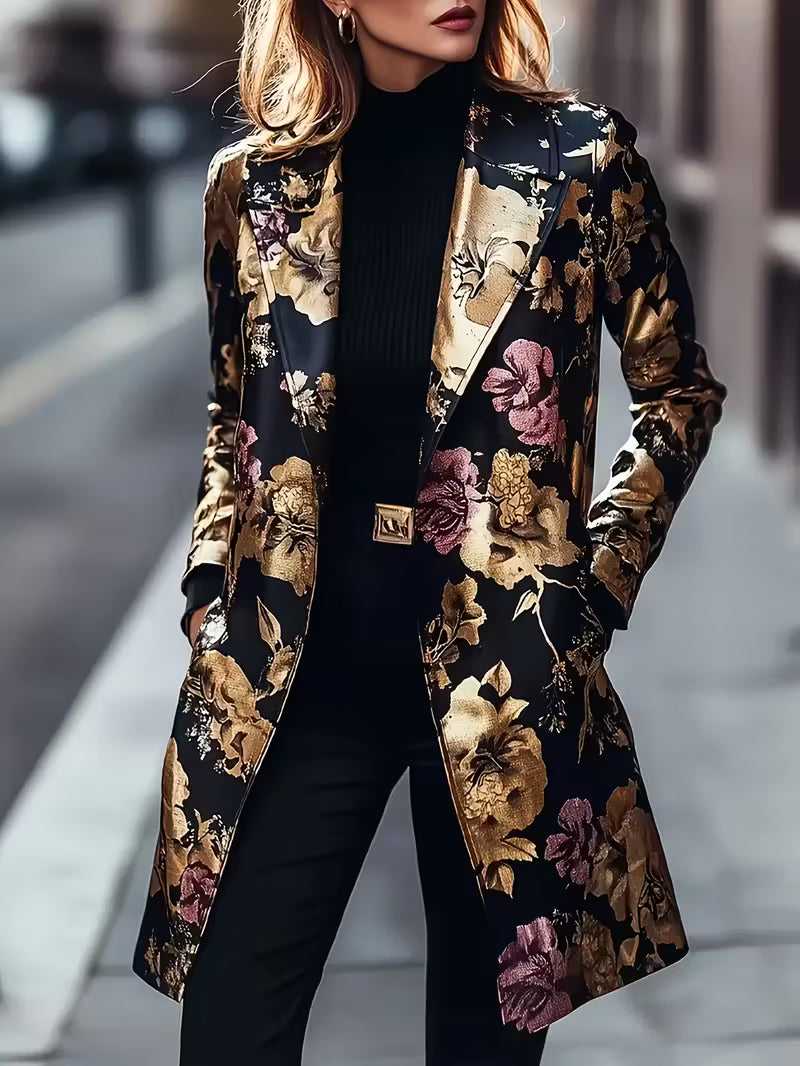 Elegant Floral Print Long Sleeve Blazer for Women - Black with Golden Accents