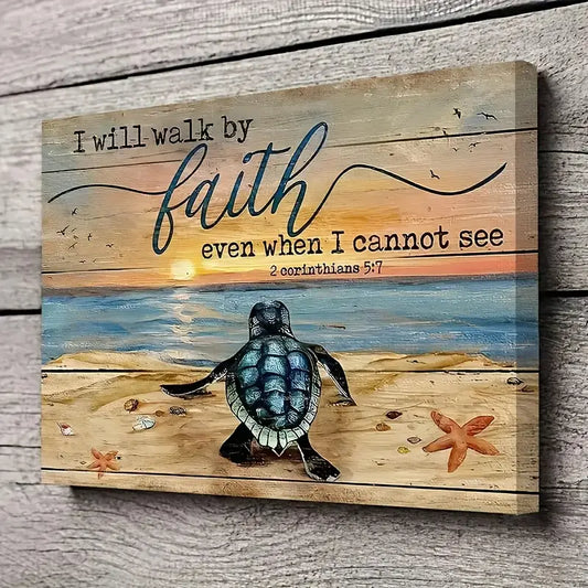 Wood With Frame Landscape Canvas Painting, Sea Turtle Painting, Sand Beach Poster, Gift For Christian, I Will Walk By Faith