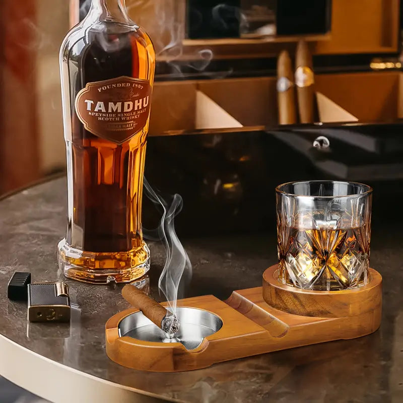 Vintage Wooden Cigar Ashtray with Whiskey Glass Tray - Detachable