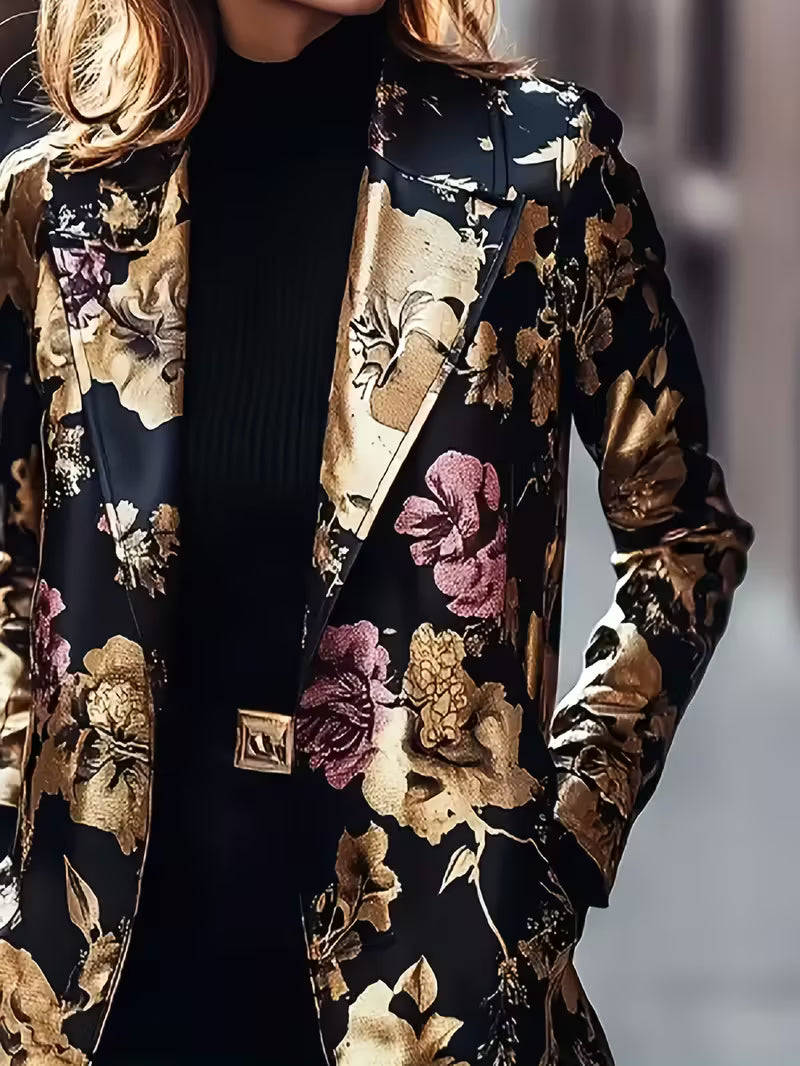Elegant Floral Print Long Sleeve Blazer for Women - Black with Golden Accents