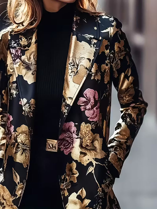 Elegant Floral Print Long Sleeve Blazer for Women - Black with Golden Accents