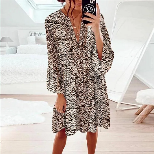 Casual Leopard V-Neck Long-Sleeve Loose Dress