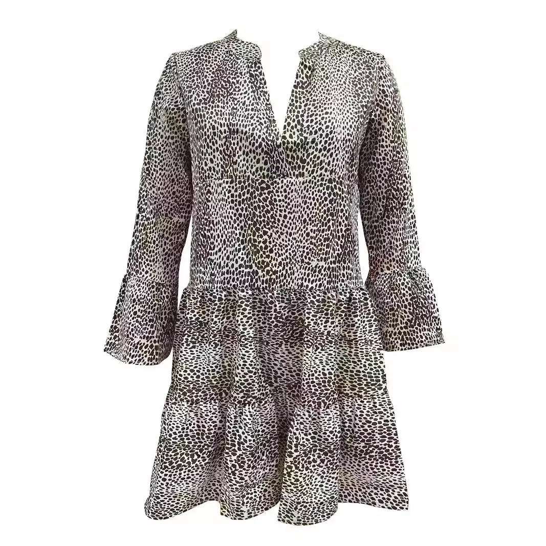 Casual Leopard V-Neck Long-Sleeve Loose Dress