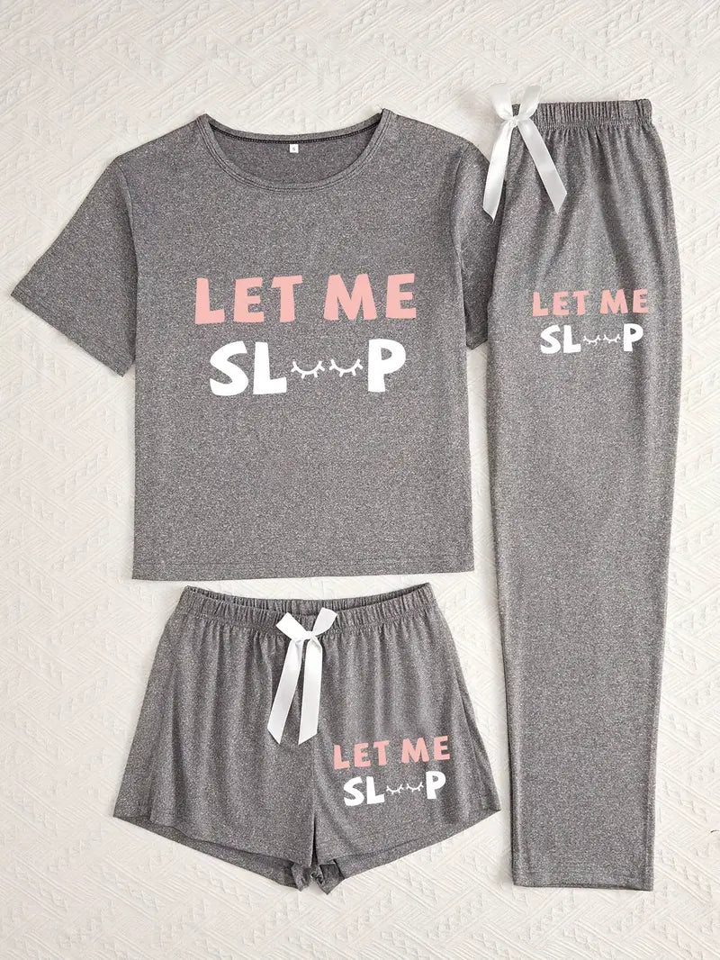 Casual 3pcs Pajama Set, Cozy Short Sleeve Round Neck Top & Pants & Shorts