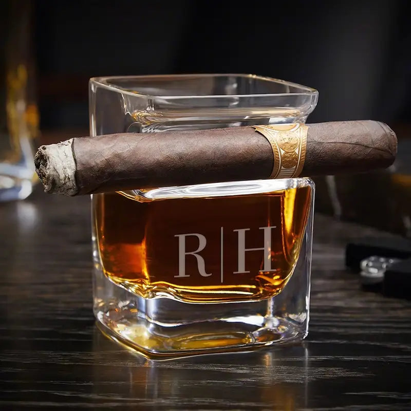 Custom Engraved Whiskey Glass with Cigar Holder