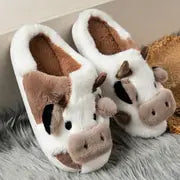 Cow Slippers for Women Plush Animal Slippers Winter Warm Soft Slippers Soft Thick Sole Fur Shoes Home Sliders for Indoor Outdoor