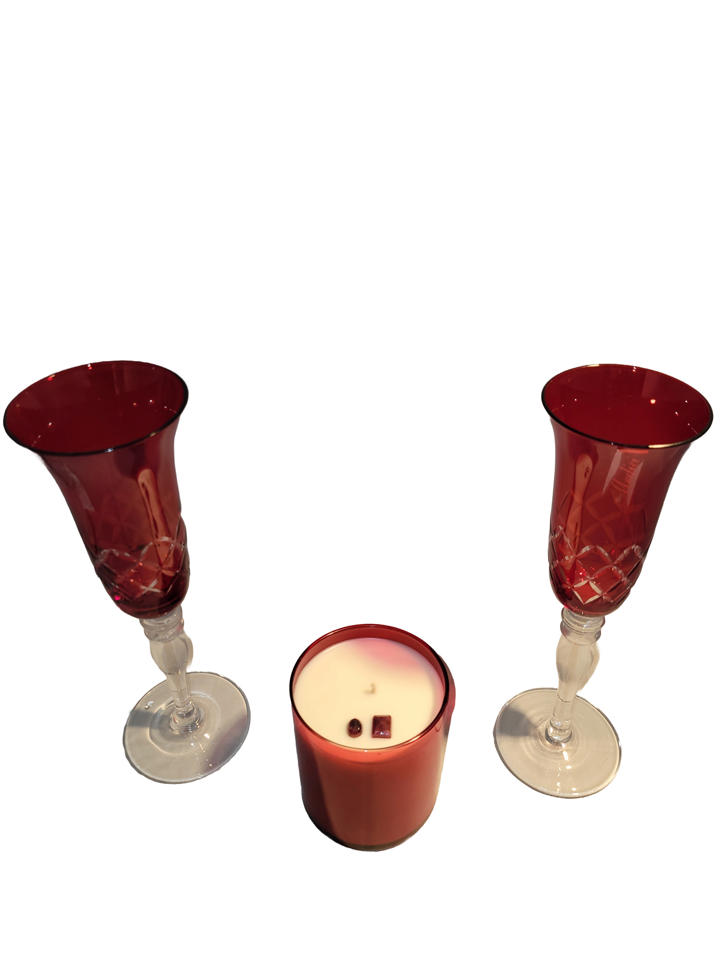 Red Glassware and Red Candle with Gemstones