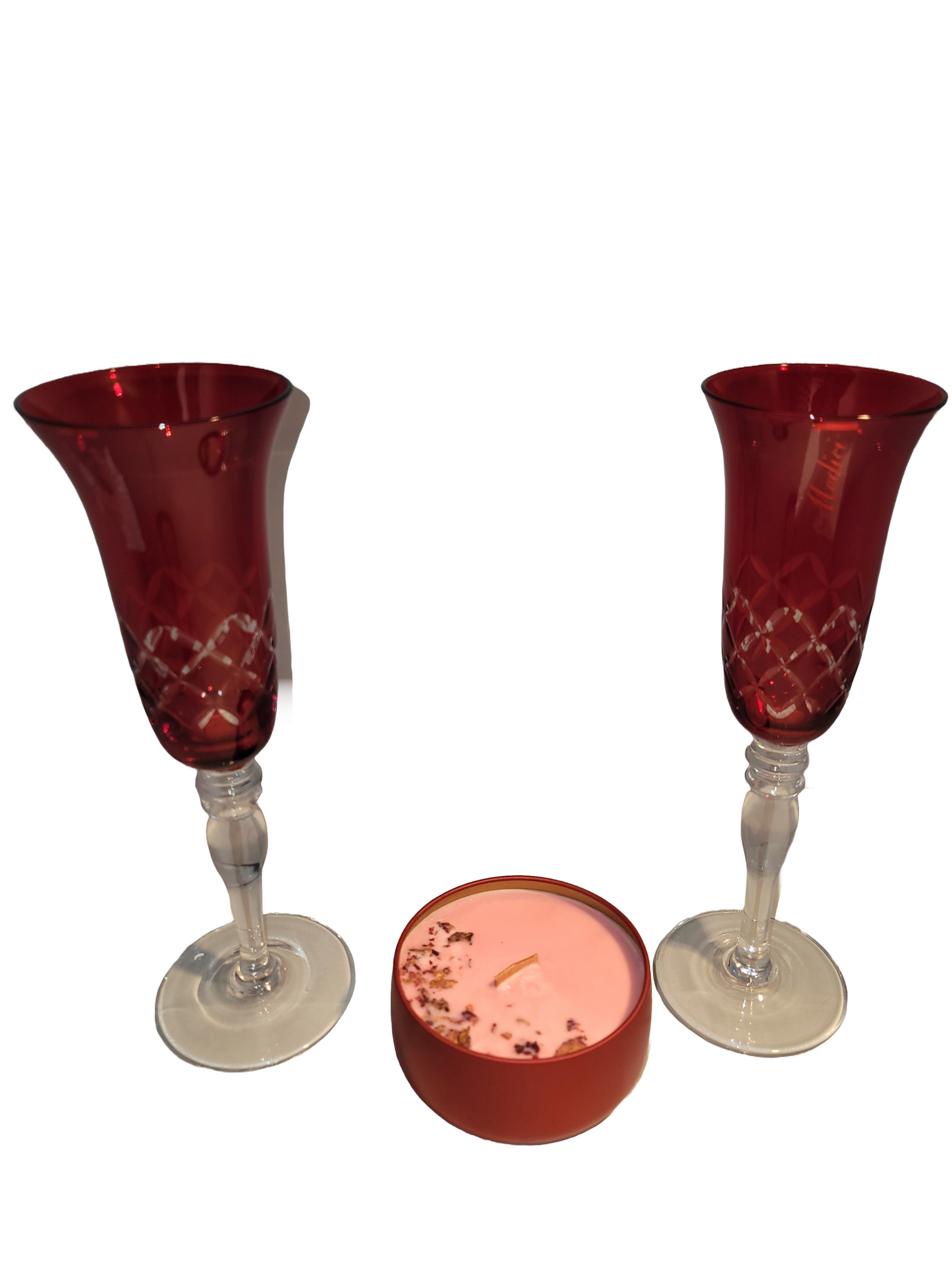 Red Glassware and Red Candle with Gemstones