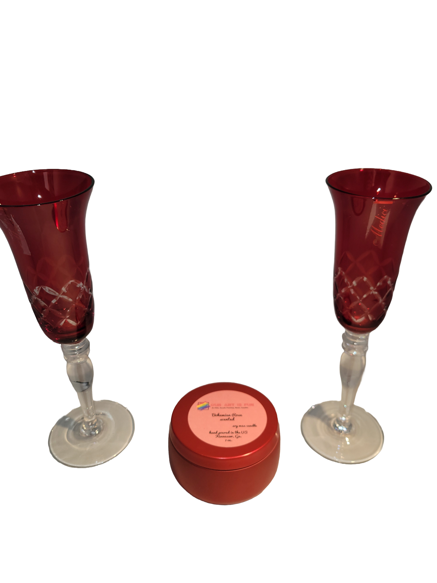 Red Glassware and Red Candle with Gemstones